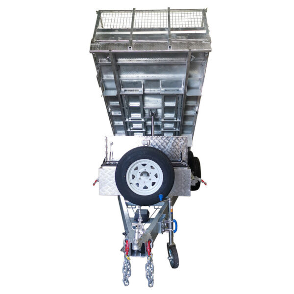 A 14x7 Dual Axle Hydraulic Tipper Tandem Box Trailer (4500KG ATM) with a spare tire on a diamond-plate toolbox at the front, towing chains, wheel jack, and ramps visible from above.