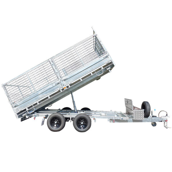 The 14x7 Dual Axle Hydraulic Tipper Tandem Box Trailer - 4500KG ATM With Ramps features mesh side panels, a hydraulic tilt, black wheels, dual axles, spare tire, and a front towing hitch.