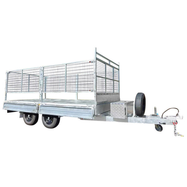 The 14x7 Dual Axle Hydraulic Tipper Tandem Box Trailer (4500KG ATM with ramps) is a heavy-duty silver trailer featuring metal mesh side panels, a diamond-plate storage box, spare tire, and tow hitch—ideal for tough hauling jobs.