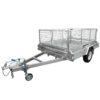 The 8×5 Single Axle Box Trailer ATM 1400KG features 425mm high mesh sides, a single axle with one visible wheel, a tow hitch, and jockey wheel—ideal for transporting goods or equipment.