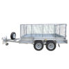 The Premium 8x5 Dual Axle Heavy Duty Tandem Trailer (2000KG ATM) for sale features 425mm high mesh sides, four tires, a mounted spare wheel, and a tow hitch—ideal for transporting goods or equipment.
