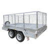 The Premium 8x5 Dual Axle Heavy Duty Tandem Trailer (2000KG ATM, 425mm high mesh sides) is silver, features a spare tire mounted on the side and a rear license plate. The empty trailer is shown parked on a white background.