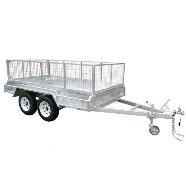 The Premium 10×5 Dual Axle Heavy Duty Tandem Trailer features 425mm mesh sides, white wheels, a long tow bar with hitch chain, and a 2000KG ATM. Its sturdy open design is ideal for hauling cargo efficiently.