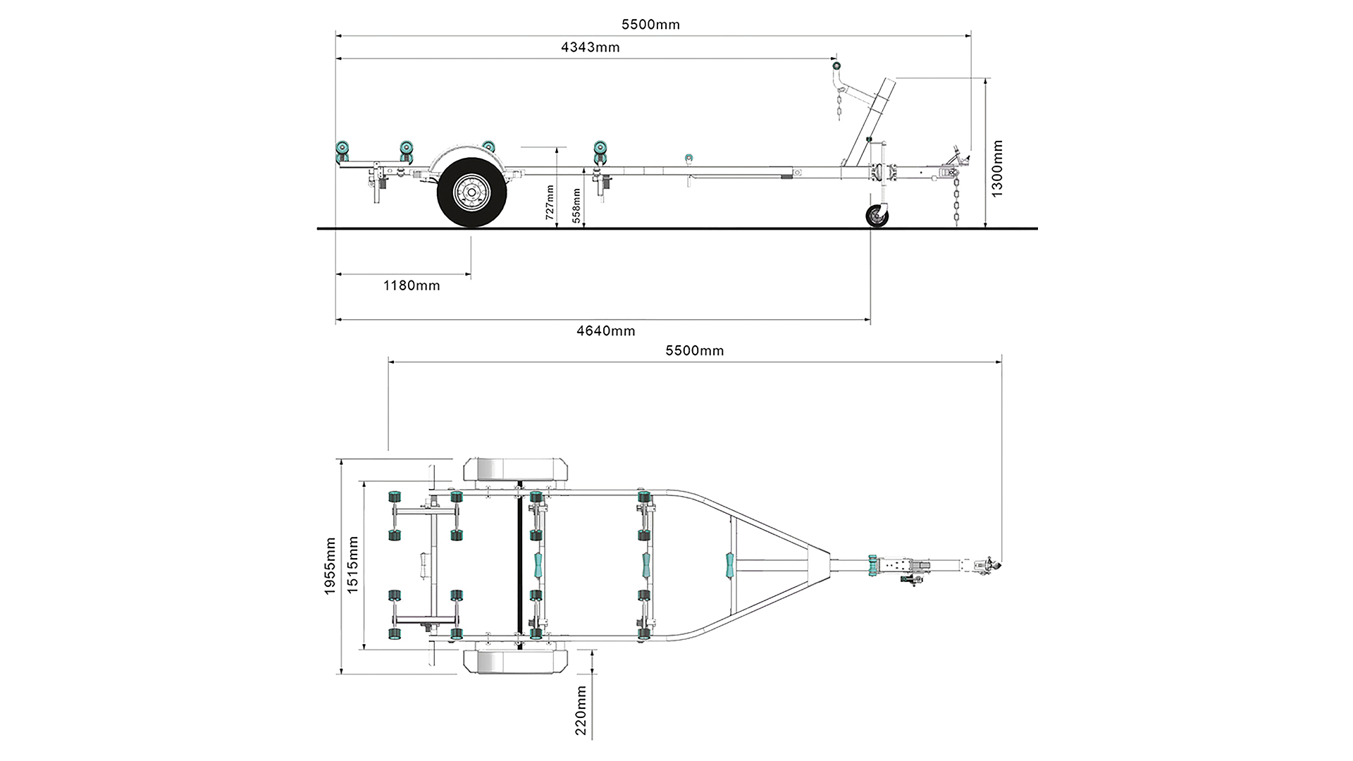 Technical drawing of a boat trailer, shown from the side and top views, with detailed measurements labeled in millimeters for dimensions, wheel position, and support placements.