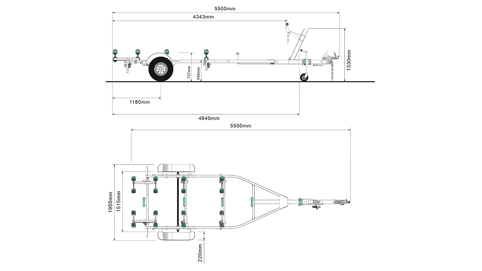 Technical drawing of a boat trailer, shown from side and top views, with detailed dimensions labeled in millimeters for length, width, and height, as well as placement of wheels, rollers, and frame parts.