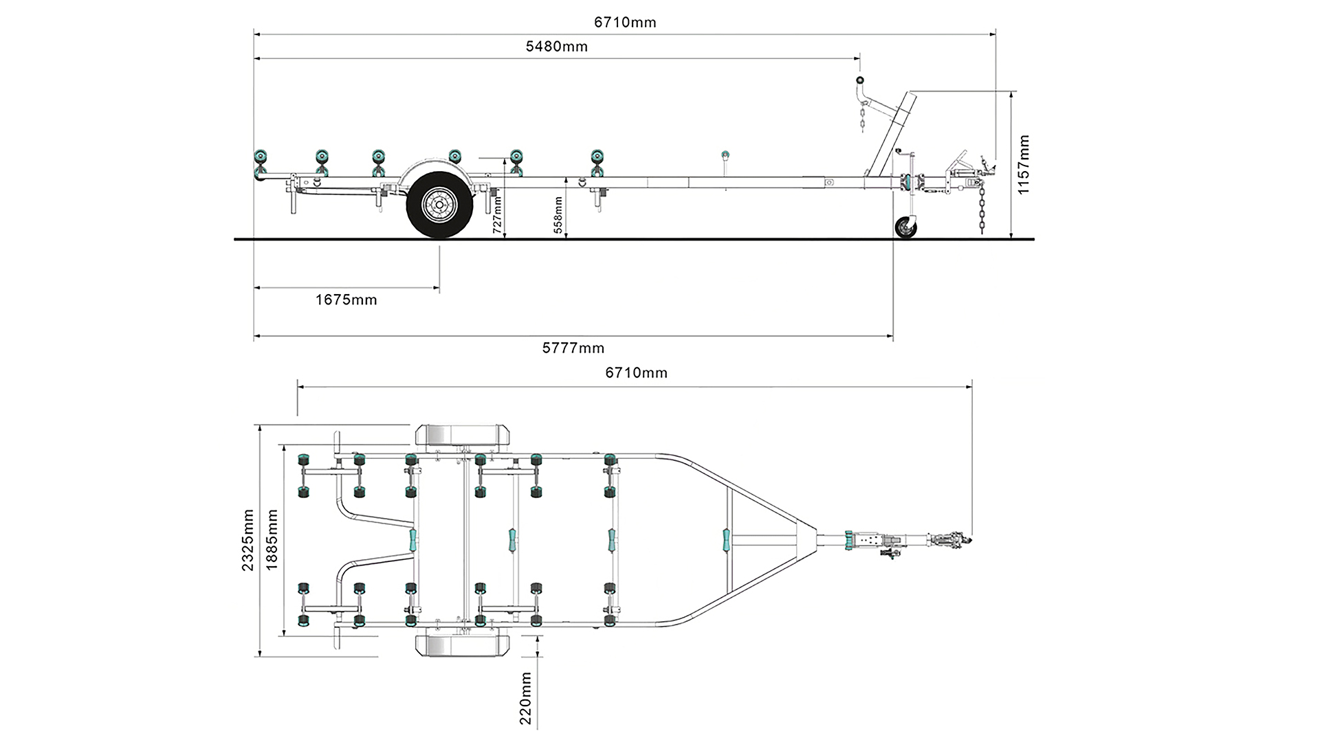 Technical drawing of a boat trailer in side and top views, showing detailed measurements including length (6710 mm), width (2295 mm), and placement of wheels, supports, and components.