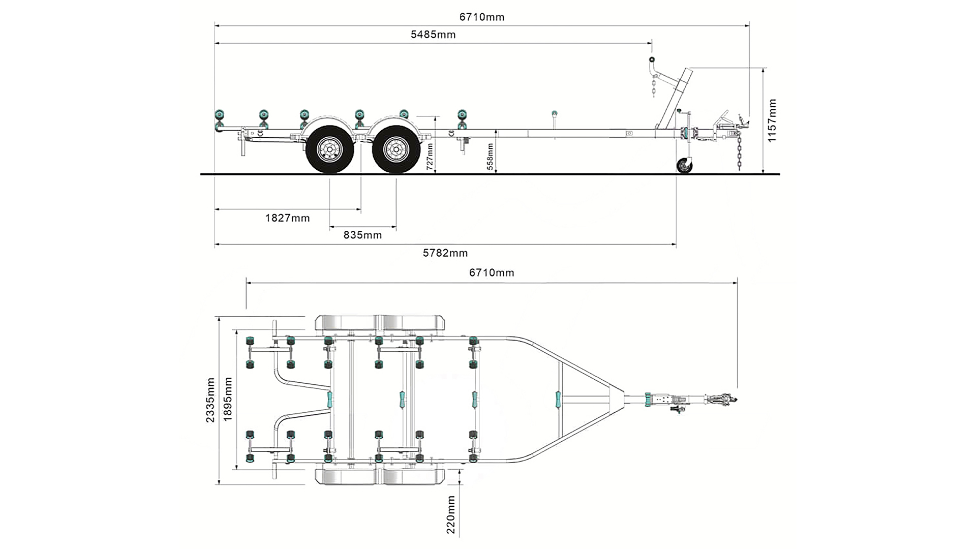 Technical drawing of a boat trailer shown from the side and top view, with labeled measurements in millimeters indicating length, width, height, and positions of wheels and rollers.