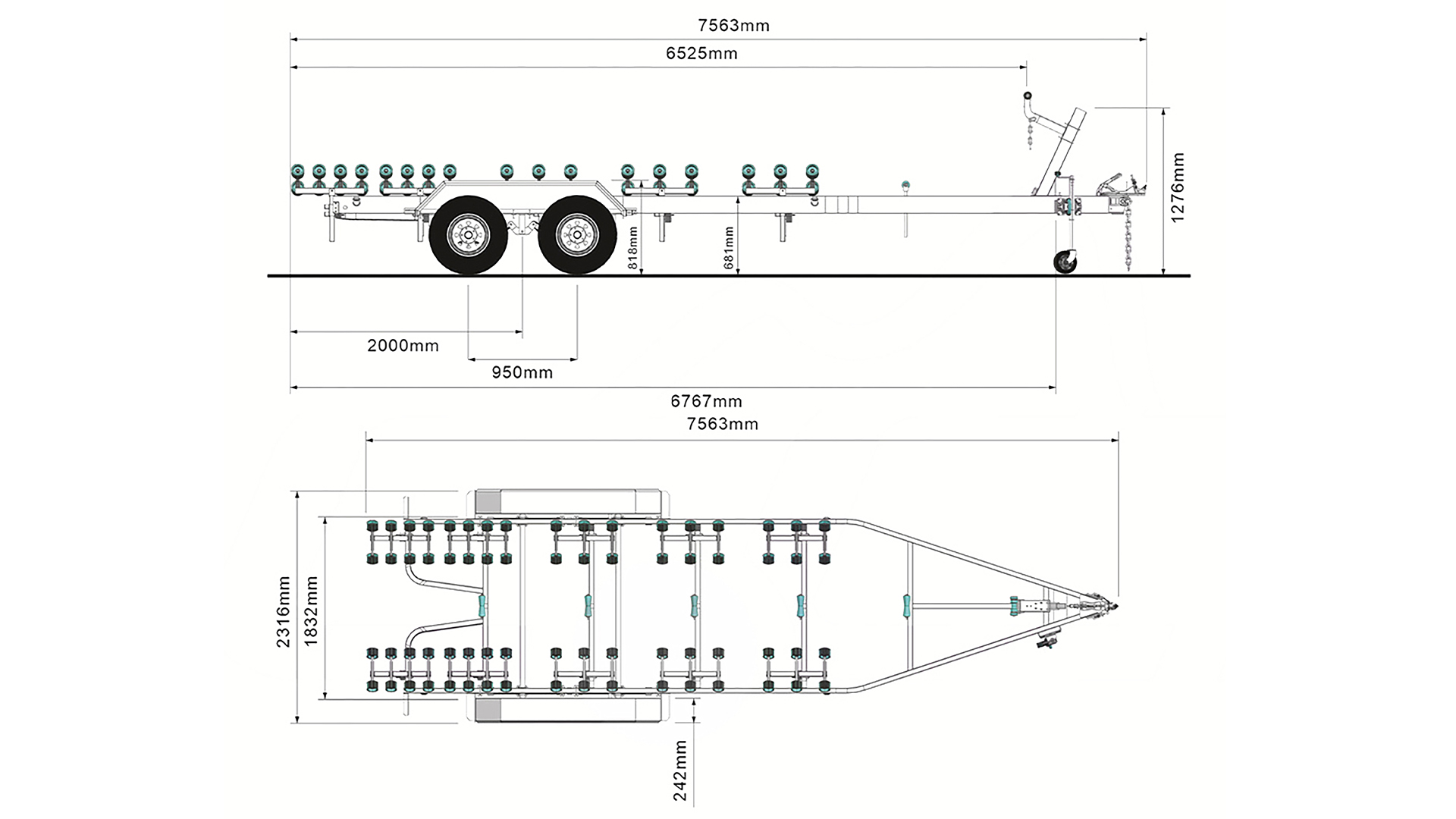 Technical drawing of a dual-axle trailer, shown from the side and top views, with detailed measurements in millimeters and several rollers along the frame for supporting a boat or similar cargo.