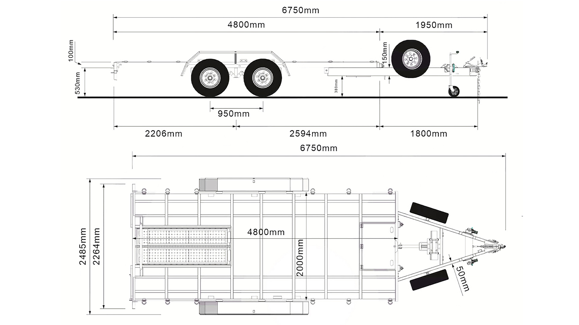 Technical drawing of a dual-axle trailer with measurements. Side and top views show overall length (6750mm), width (2445mm), bed length (4800mm), and positions of wheels, hitch, and other features, all labeled in millimeters.