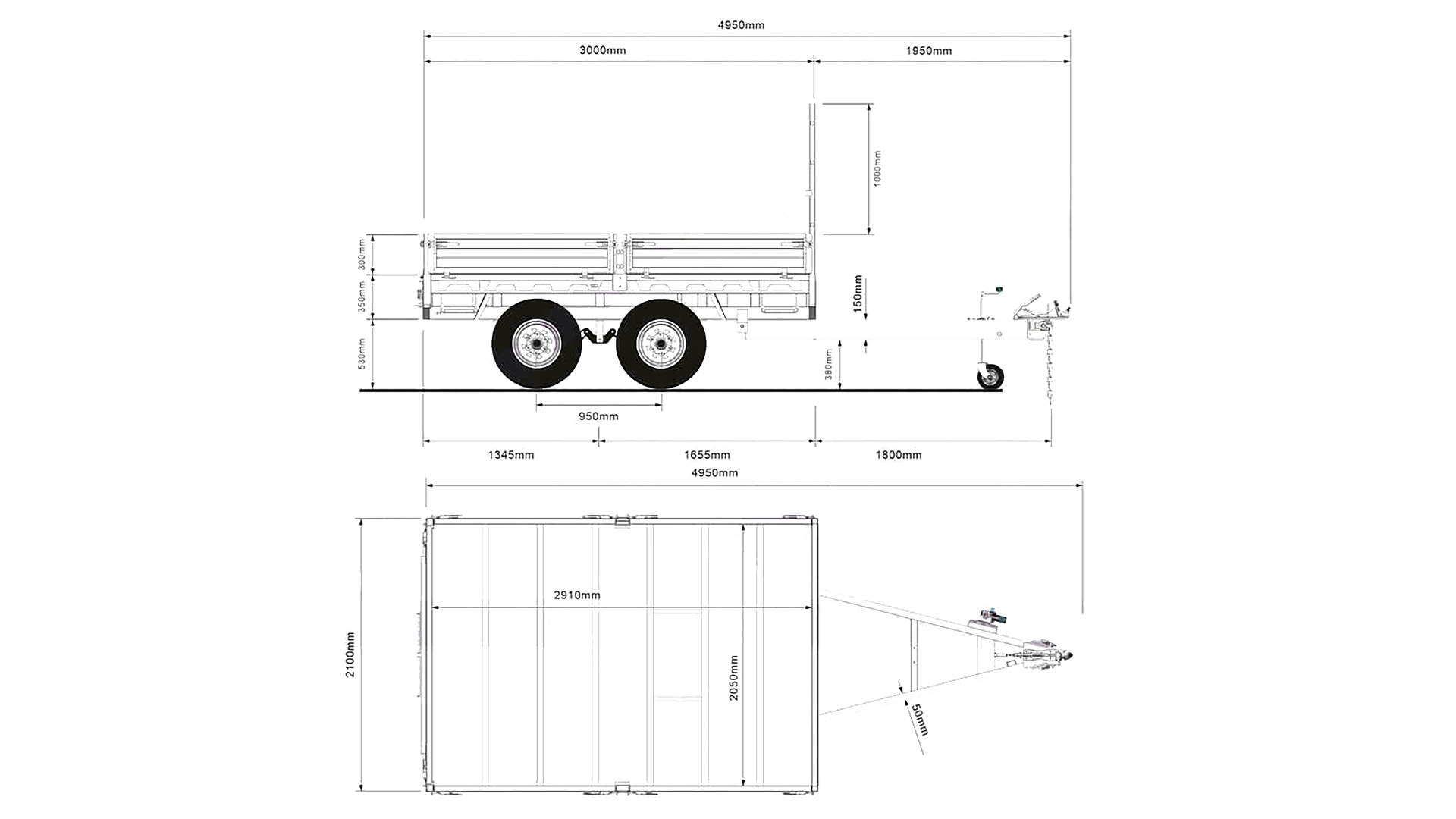 Technical drawing of a double-axle utility trailer with side and top views, showing detailed dimensions and measurements in millimeters for length, width, height, and trailer components.