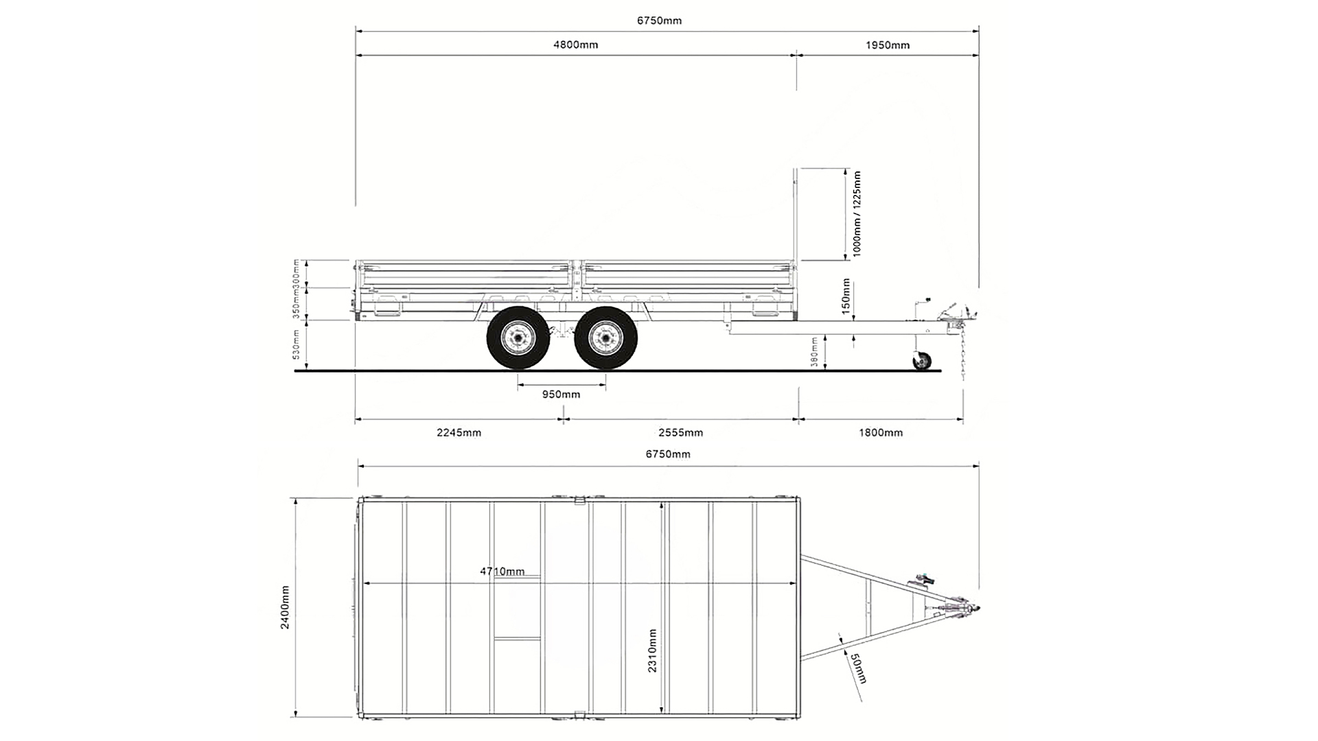 Technical drawing of a double-axle utility trailer, shown from the side and top, with detailed measurements marked in millimeters for length, height, and width.
