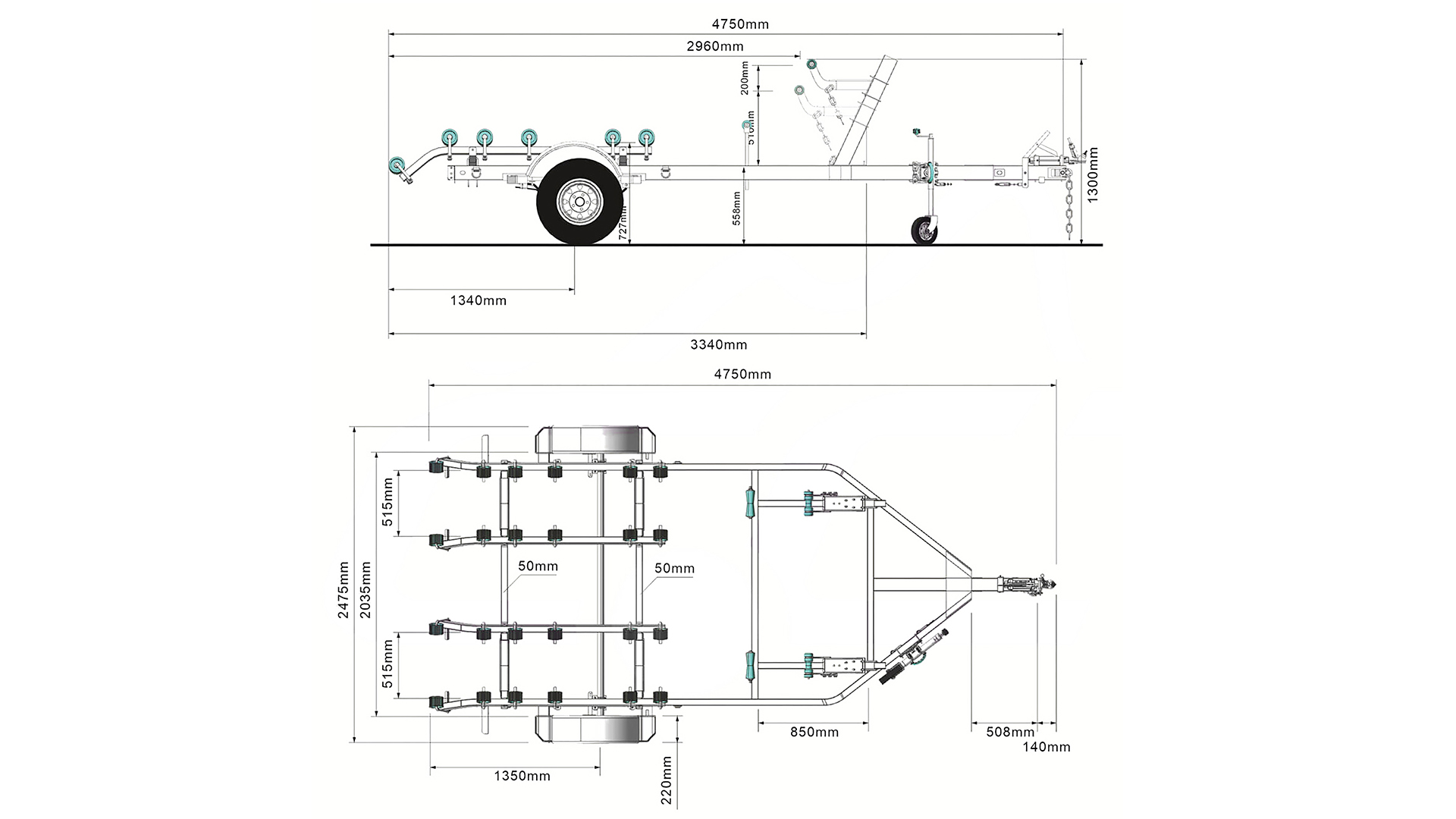 Technical drawing of a boat trailer showing side and top views with labeled dimensions, rollers, wheels, and structural features. Main measurements include lengths, widths, and heights in millimeters.