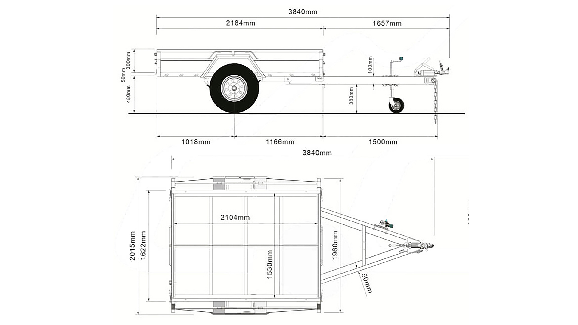 Technical drawing of a trailer showing side and top views with detailed measurements, including width, height, and length dimensions labeled in millimeters. The trailer features a single axle and a triangular tow bar.