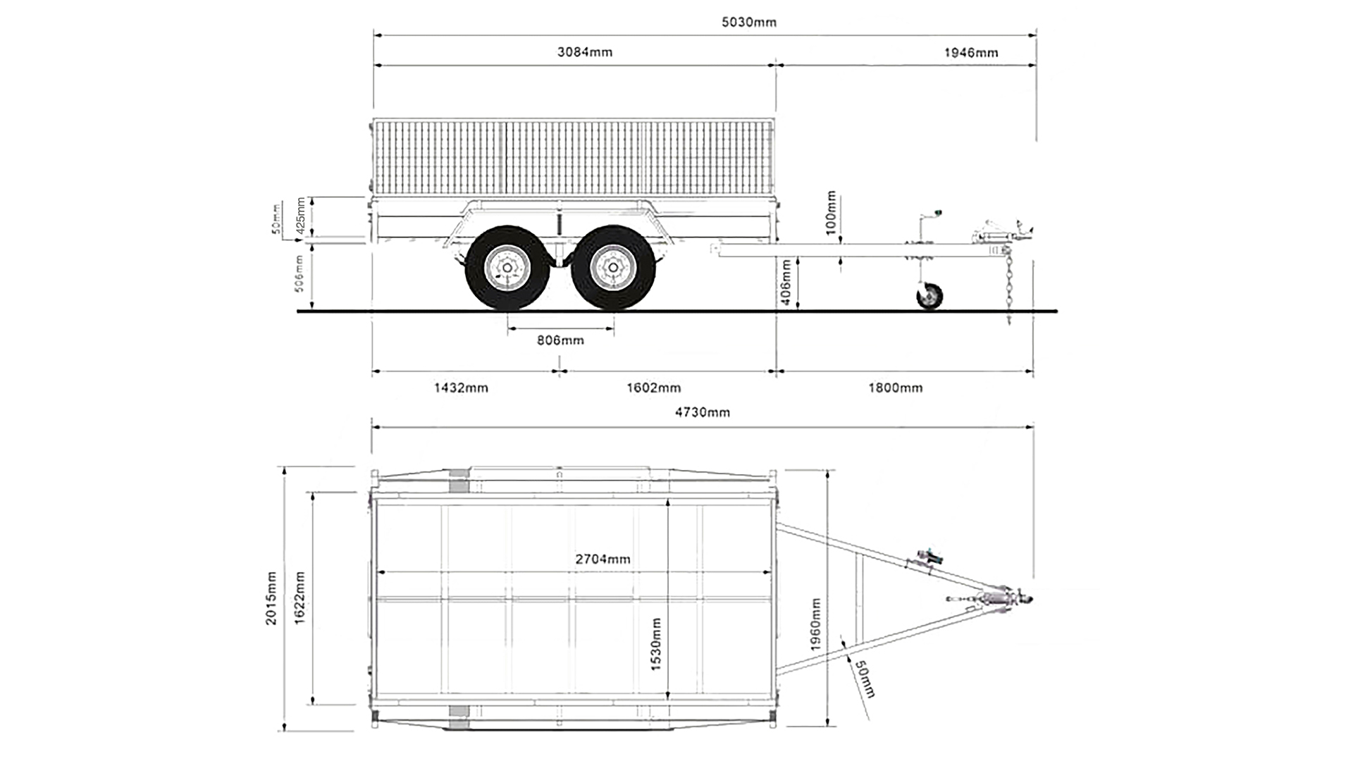 Black and white technical drawing of a dual-axle trailer with detailed dimensions labeled in millimeters, showing side and top views, including the trailer body, wheels, and tow hitch.