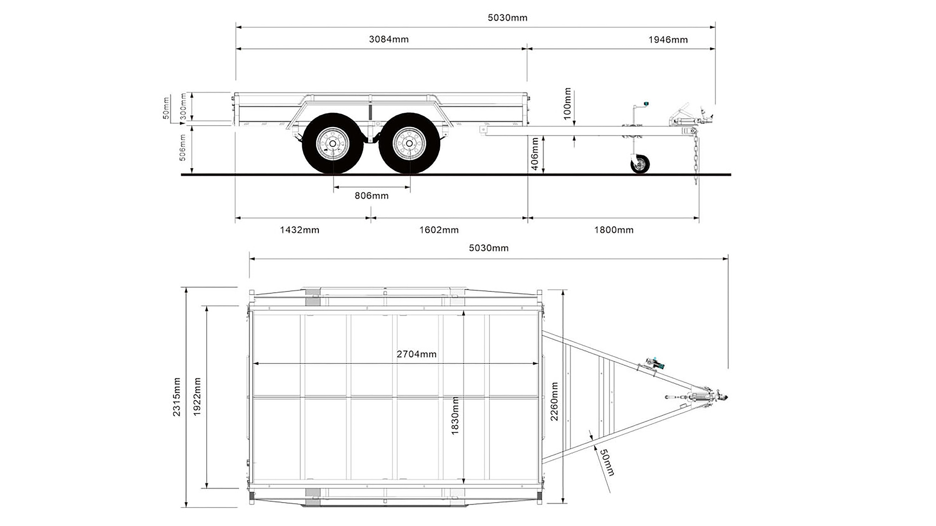 Technical drawing of a dual-axle flatbed trailer, shown from the side and top views, with detailed measurements in millimeters for length, width, height, and component dimensions.