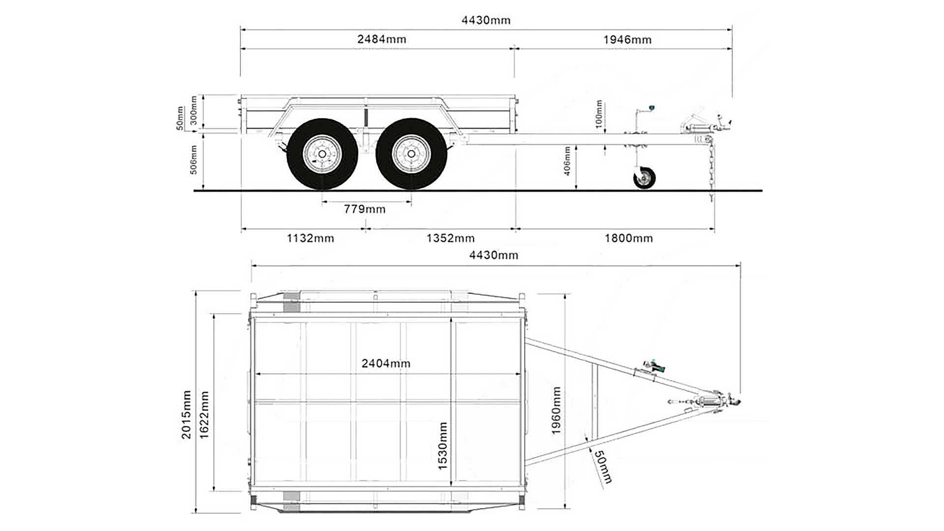 Technical blueprint of a double-axle trailer, showing side and top views with detailed measurements in millimeters for length, height, and width. The diagram features wheels, frame, and tow bar dimensions.