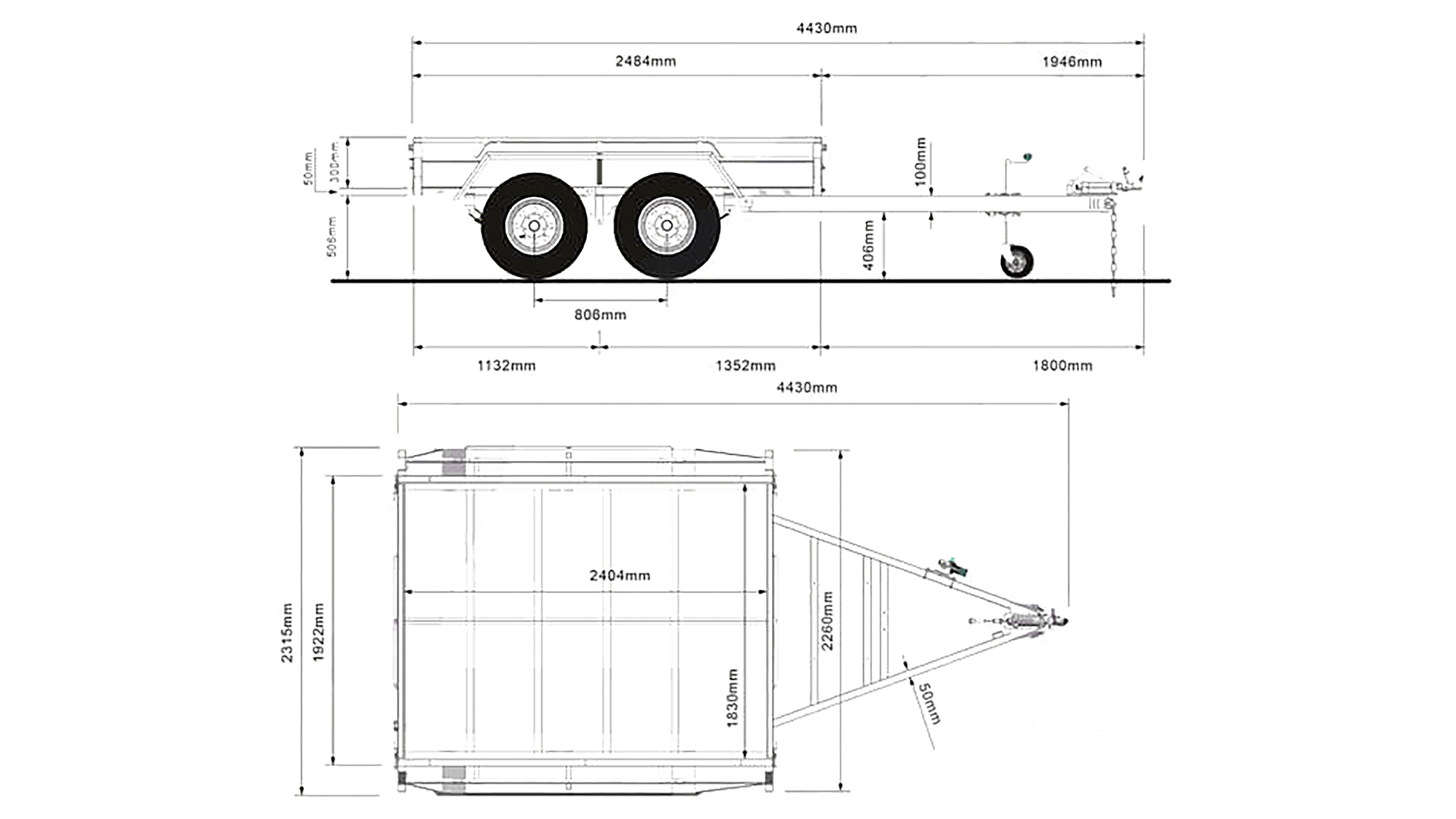Technical drawing of a dual-axle trailer, shown from side and top views, with labeled dimensions including 4430mm length, 2484mm width, and various measurements for height, frame, and towing arm.