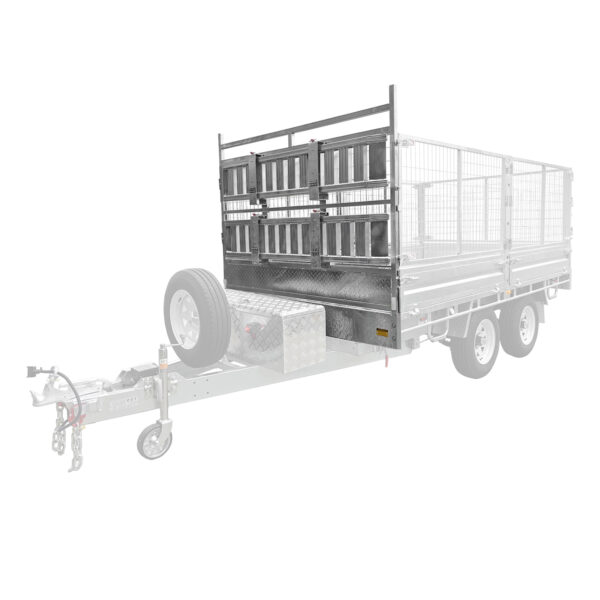 A Premium 10x7 Galvanized Flat Top Trailer with 4500KGS ATM is shown, featuring dual axles and mesh sides, with the front storage area and spare tire in full color while the rest of the trailer is faded out.
