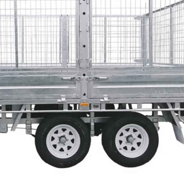 A close-up side view of the Premium 10x7 Galvanized Flat Top Trailer with 4500KGS ATM, featuring two wheels and mesh wire sides.