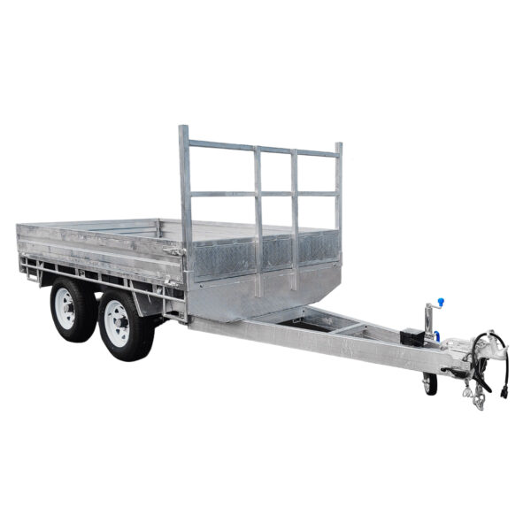 A Premium 10x7 Galvanized Flat Top Trailer with a 4500KGS ATM (Pre-order), featuring a silver finish, dual axles, flat bed, metal side rails, rear gate, and a long hitch arm equipped with a coupling and front jack.