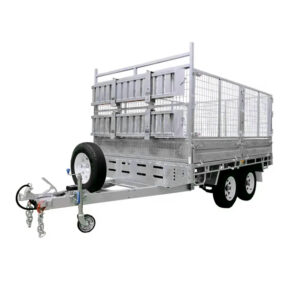 Premium 10x7 Galvanized Flat Top Trailer with 4500KGS ATM, featuring a dual-axle design, high metal mesh sides, front-mounted spare tire, and equipped with a towing hitch that includes safety chains and a jockey wheel.