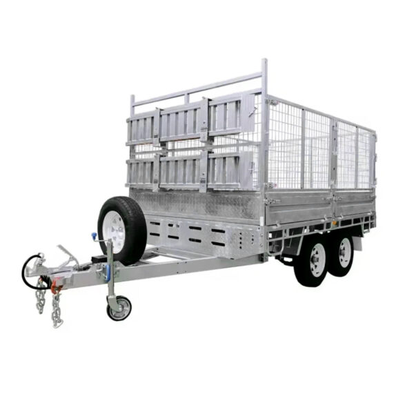 Premium 10x7 Galvanized Flat Top Trailer with 4500KGS ATM, featuring a dual-axle design, high metal mesh sides, front-mounted spare tire, and equipped with a towing hitch that includes safety chains and a jockey wheel.