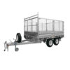 A Premium 10x7 Galvanized Flat Top Trailer with 4500KGS ATM, featuring cage-style sides, dual wheels, a front-mounted spare tire, and a tow hitch. The trailer is photographed empty against a white background.