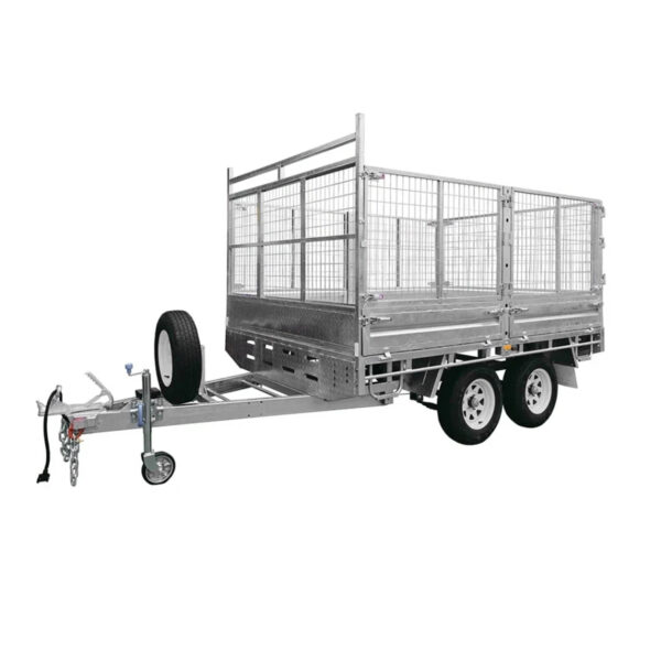 A Premium 10x7 Galvanized Flat Top Trailer with 4500KGS ATM, featuring cage-style sides, dual wheels, a front-mounted spare tire, and a tow hitch. The trailer is photographed empty against a white background.