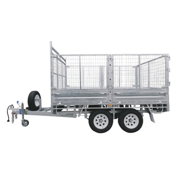 A Premium 10x7 Galvanized Flat Top Trailer with 4500KGS ATM featuring cage sides, dual axles with two wheels per side, a front-mounted spare tire, and a hitch for towing.