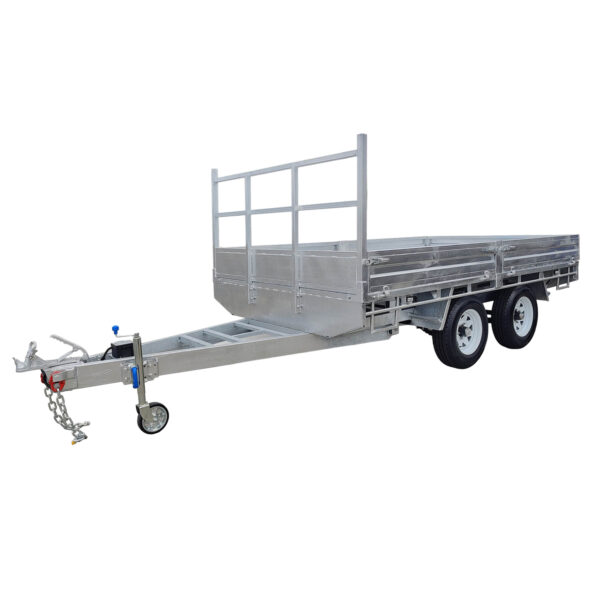 A Premium 10x7 Galvanized Flat Top Trailer with 4500KGS ATM, finished in silver, featuring a dual-axle design, sturdy metal frame, side rails, a front gate, hitch, and a front support wheel.