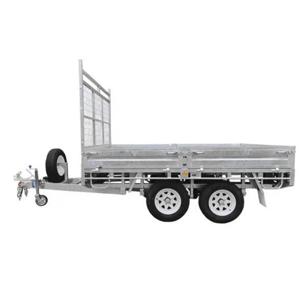 A Premium 10x7 Galvanized Flat Top Trailer with 4500KGS ATM (Pre-order), featuring a dual-axle design, mesh ramp, spare tire mounted on the front left side, and sturdy metal side panels, shown from the side against a white background.