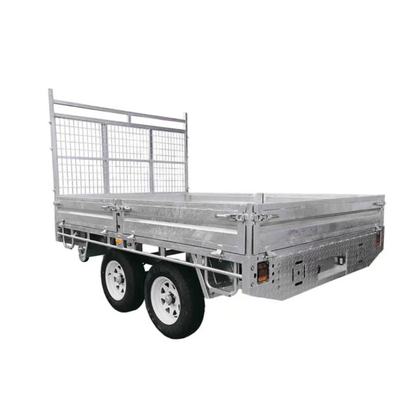 A Premium 10x7 Galvanized Flat Top Trailer with high mesh sides, dual axles, white wheels, and a 4500KGS ATM is shown empty against a plain white background.