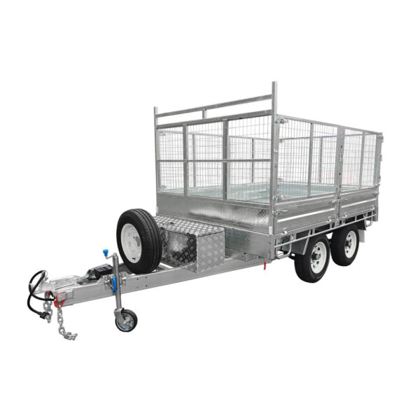 A Premium 12×7 Hydraulic 3-Way Tipper Galvanised Flat Top Trailer (4500kg ATM, available for pre-order), featuring a dual-axle design, silver galvanized finish, metal mesh sides, a front-mounted spare tire, and a small toolbox positioned near the hitch.