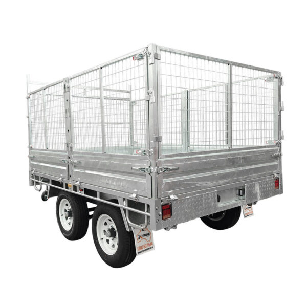 A Premium 12×7 Hydraulic 3-Way Tipper Galvanised Flat Top Trailer (4500kg ATM) featuring high mesh cage sides, double axle wheels, and tail lights, designed for transporting goods or equipment. The trailer is shown parked on a white background.