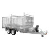A Premium 12×7 Hydraulic 3-Way Tipper Galvanised Flat Top Trailer (4500kg ATM, pre-order) with dual axles, metal mesh sides, a spare tire, and a front-mounted storage box, photographed on a white background.