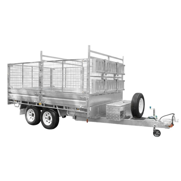 A Premium 12×7 Hydraulic 3-Way Tipper Galvanised Flat Top Trailer (4500kg ATM, pre-order) with dual axles, metal mesh sides, a spare tire, and a front-mounted storage box, photographed on a white background.