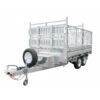 A Premium 12×7 Hydraulic 3-Way Tipper Galvanised Flat Top Trailer (4500kg ATM, Pre-order) featuring dual axles, mesh side panels, a front toolbox, a mounted spare tire, and a tow hitch with safety chains.