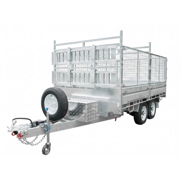 A Premium 12×7 Hydraulic 3-Way Tipper Galvanised Flat Top Trailer (4500kg ATM, Pre-order) featuring dual axles, mesh side panels, a front toolbox, a mounted spare tire, and a tow hitch with safety chains.