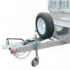 Close-up of the Premium 12×7 Hydraulic 3-Way Tipper Galvanised Flat Top Trailer 4500kg ATM (Pre-order) showing a metal trailer hitch with a spare tire mounted on the front, a small wheel jack, safety chains, and a diamond plate surface, all set against a white background.