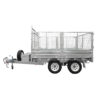 A Premium 12×7 Dual Axle Hydraulic Tipper Tandem Box Trailer – 4500KG ATM (Pre-order), featuring a galvanized metal frame, mesh side panels, spare tire, and storage box, designed for hauling goods.