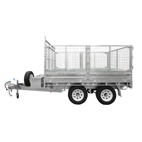 A Premium 12×7 Dual Axle Hydraulic Tipper Tandem Box Trailer – 4500KG ATM (Pre-order), featuring a galvanized metal frame, mesh side panels, spare tire, and storage box, designed for hauling goods.