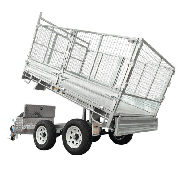 The Premium 12×7 Dual Axle Hydraulic Tipper Tandem Box Trailer – 4500KG ATM (Pre-order) is depicted with its bed tilted upward for dumping, featuring mesh sides, dual axles, and a storage box mounted near the hitch.