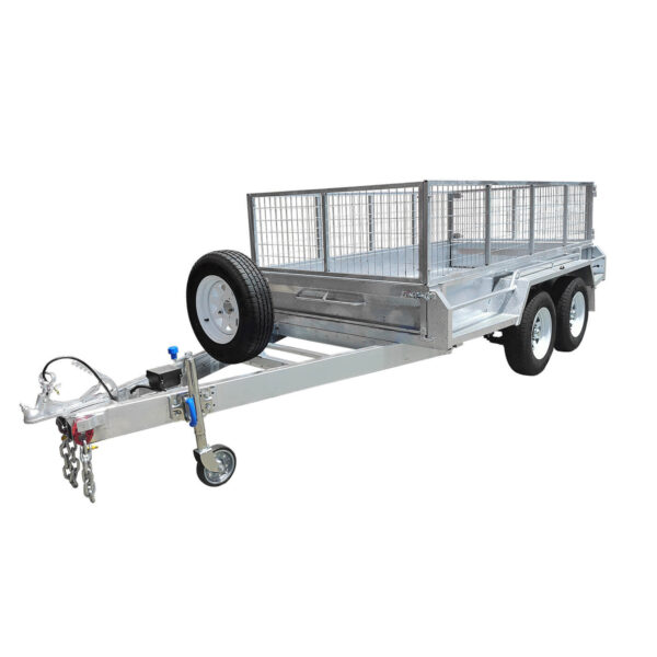 Here’s a rewritten sentence using the provided product data: The Premium 8x5 Dual Axle Heavy Duty Tandem Trailer features a sturdy cage-style metal frame with 425mm high sides, four wheels on two axles, and a spare tire mounted at the front. Designed for towing and transporting cargo, it has a maximum ATM of 3500KG and is available for pre-order.