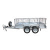 The Premium 8x5 Dual Axle Heavy Duty Tandem Trailer, featuring 425mm high sides and a 3500KG ATM, is shown empty with mesh sides, a front-mounted spare tire, and a towing hitch. The trailer is displayed against a white background.