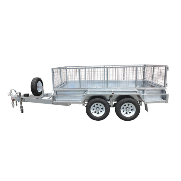 The Premium 8x5 Dual Axle Heavy Duty Tandem Trailer, featuring 425mm high sides and a 3500KG ATM, is shown empty with mesh sides, a front-mounted spare tire, and a towing hitch. The trailer is displayed against a white background.