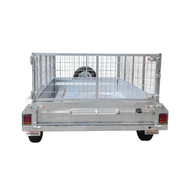 A Premium 8x5 Dual Axle Heavy Duty Tandem Trailer with 425mm high sides, featuring a wire mesh gate, an internal spare tire, and red rear lights, is shown from the rear against a white background.