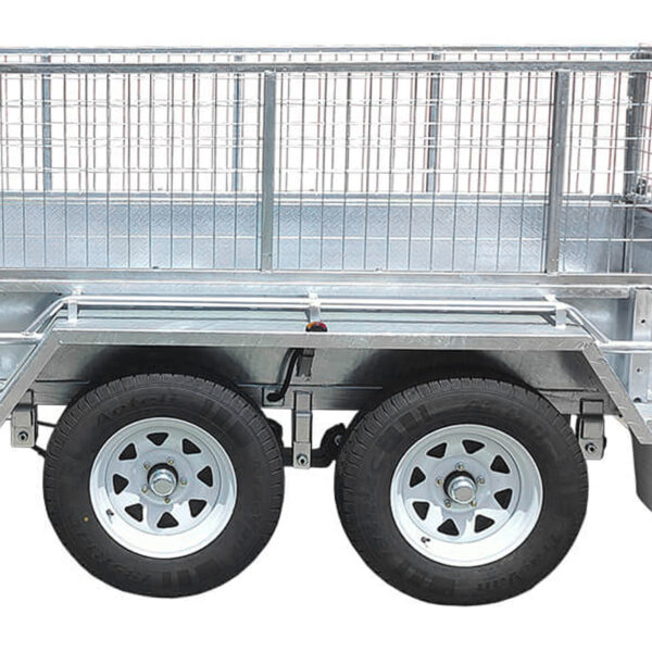 A close-up side view of the Premium 8x5 Dual Axle Heavy Duty Tandem Trailer—featuring two black tires with white rims and 425mm high wire mesh sides. This 3500KG ATM trailer is built for durability and ideal for transporting goods or equipment.