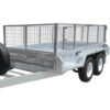 Premium 8x5 Dual Axle Heavy Duty Tandem Trailer with 425mm high sides, dual axles, white wheels, a front-mounted spare tire, and tall mesh cage sides for secure hauling—3500KG ATM (Pre-order available).