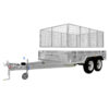 A Premium 8x5 Dual Axle Heavy Duty Tandem Trailer with 425mm high sides and a cage-style metal enclosure for securing cargo. This silver trailer, standing on a white background, features a front hitch and is rated for a 3500KG ATM.