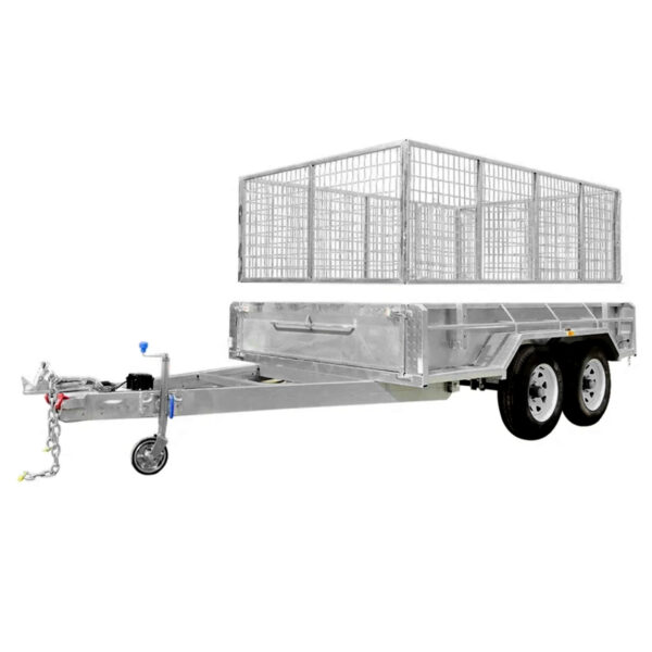 A Premium 8x5 Dual Axle Heavy Duty Tandem Trailer with 425mm high sides and a cage-style metal enclosure for securing cargo. This silver trailer, standing on a white background, features a front hitch and is rated for a 3500KG ATM.